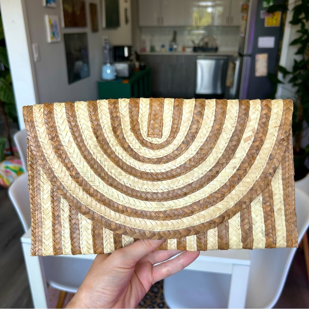 Striped Tan and Cream Lined Woven Clutch